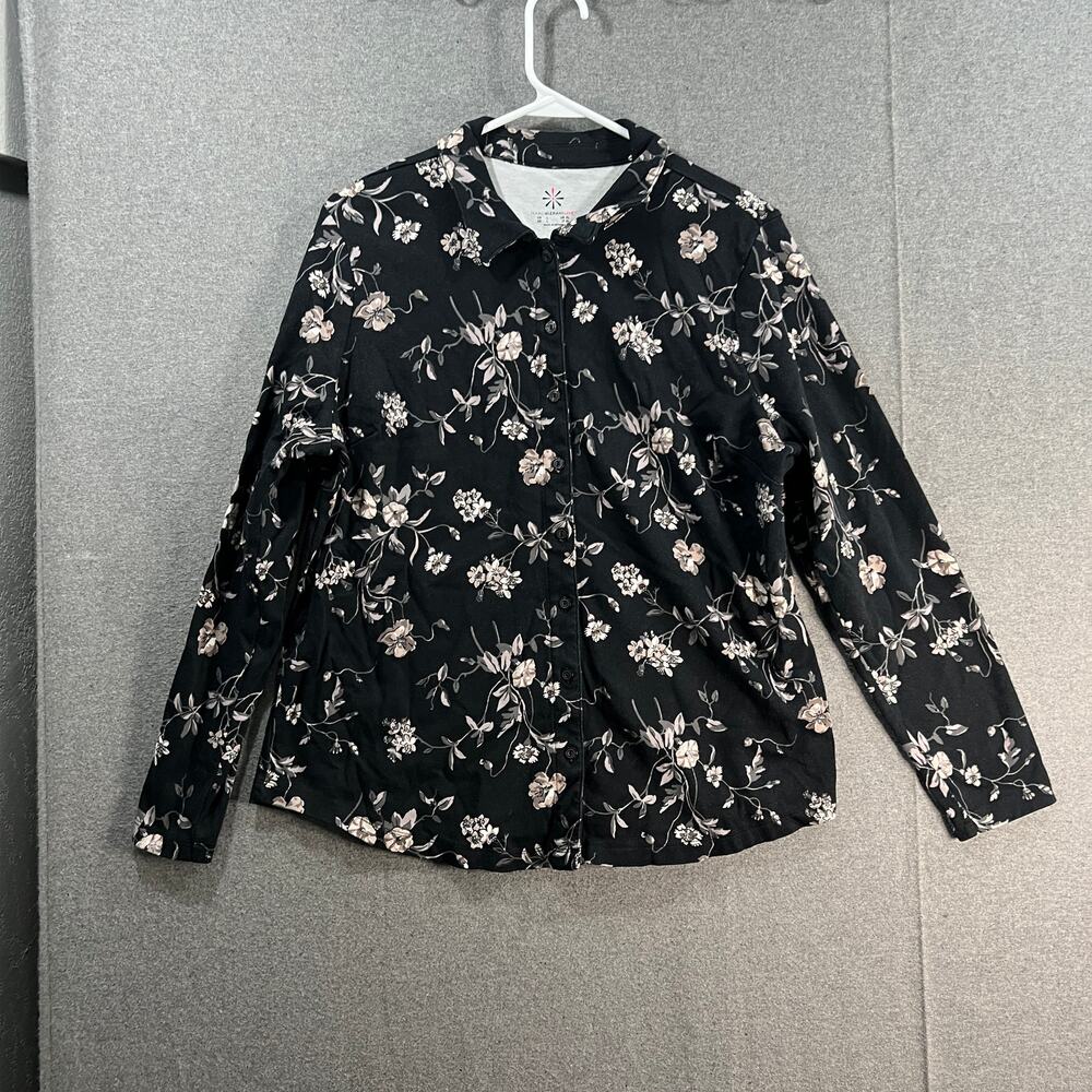 Isaac Mizrahi Live! Printed Pima Cotton Butten Front Collared Shi Black, Large